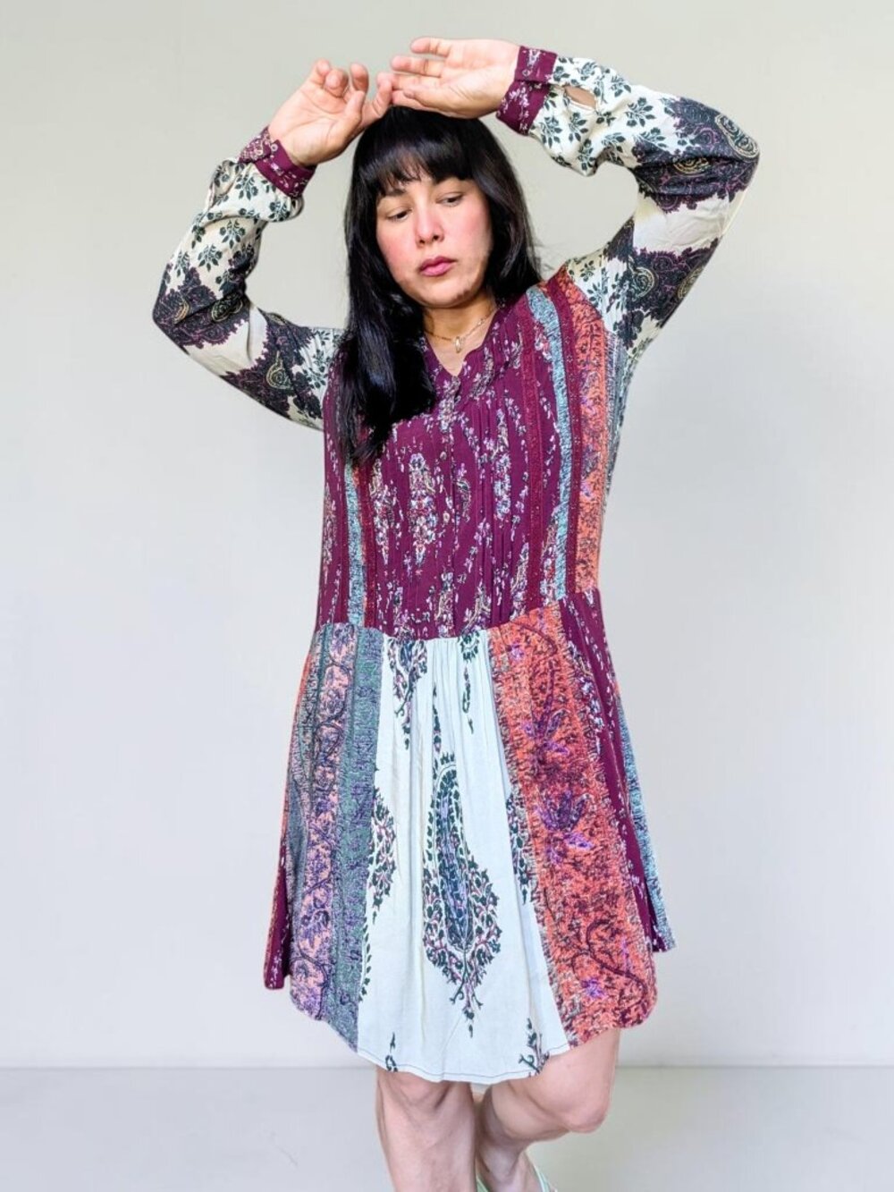 Anthropologie Tiny abstract boho fairy long sleeve patchwork minidress S New